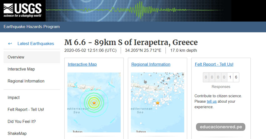 TERREMOTO EN GRECIA: Sismo de Magnitud 6.5 frente a las costas de Creta (Hoy Sábado 2 Mayo 2020) Epicentro - Heraclión - Crete - Greece - Athens - Ierápetra - USGS - www.earthquake.usgs.gov