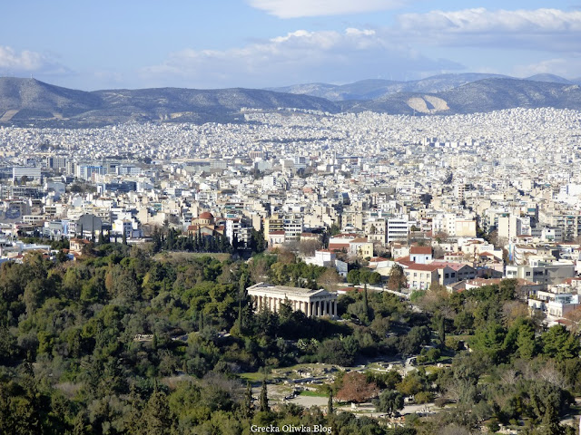 24 grudnia, Akropolis. 'Radosnych Świąt' z Partenonem w tle. Panorama Aten, widok z Akropolu Grecja
