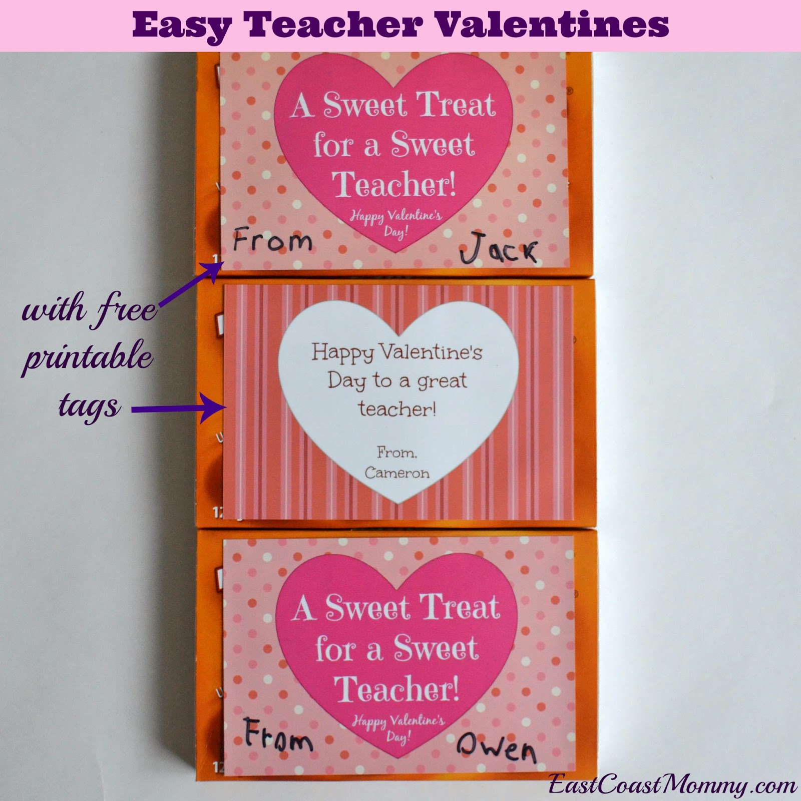 East Coast Mommy: Last Minute Teacher Valentines {with free printable tags}