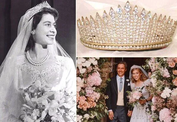 Princess Beatrice wore one of the Queen's vintage Norman Hartnell gowns and the Queen Mary diamond fringe tiara, wedding ceremony