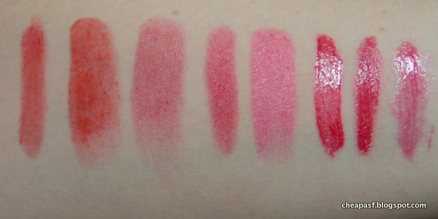 Swatches of Revlon ColorStay Just Bitten Kissable Balm Stain in Romantic Revlon ColorBurst Lip Butter in Candy Apple Revlon ColorBurst Lip Butter in Cherry Tart H&M Lip Pencil in Million Dollar Lips (Red) Sephora Gloss Lipstick (unknown shade name)* Stila Lip Glaze in Persimmon Be a Bombshell Lip Gloss in Hot Mess e.l.f. Super Glossy Lip Shine in New York City*