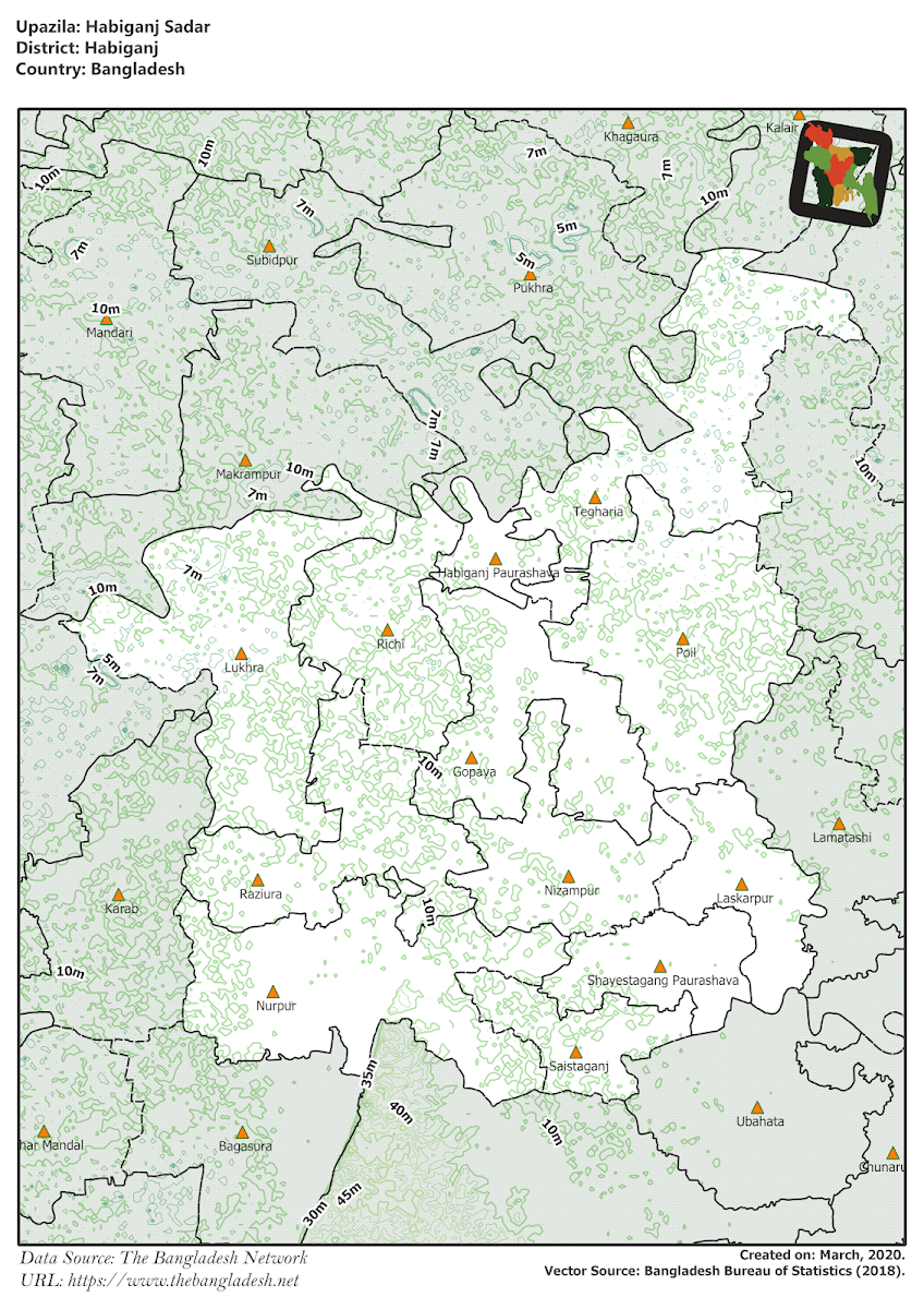 Habiganj Sadar Upazila Elevation Map Habiganj District Bangladesh