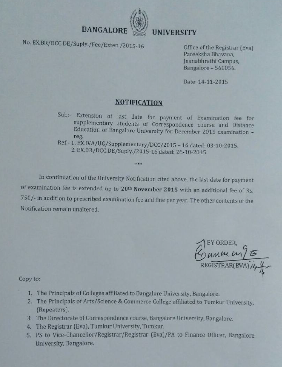 Bangalore University Extension of Last Date for Payment of