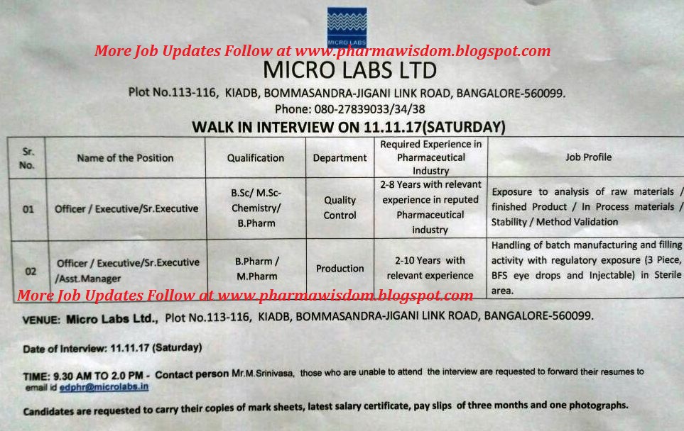 PHARMA WISDOM MICRO LABS LIMITED WalkIn Interviews on 11th November
