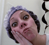 wearing shower cap dying hair purple shampoo snakebite lip piercings blue eyes