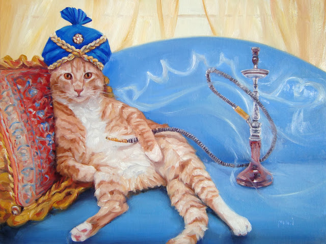 Orange Tabby resting on pillow, hookah behide him with the smoke spelling purr