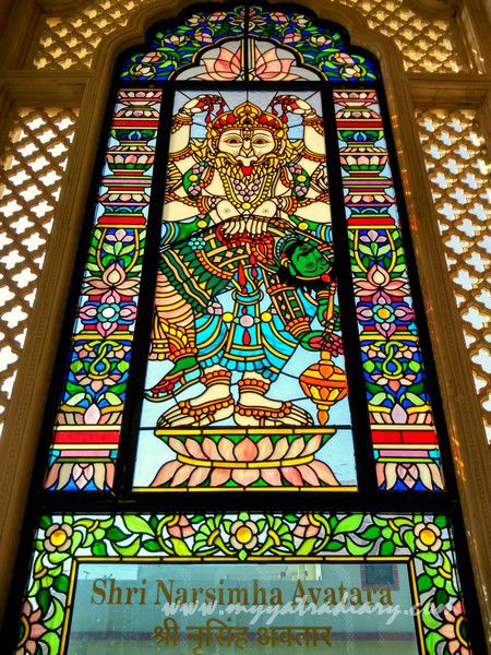 Narsingh avatar - stained glass window vedic art gallery - ISKCON Jaipur, Rajasthan