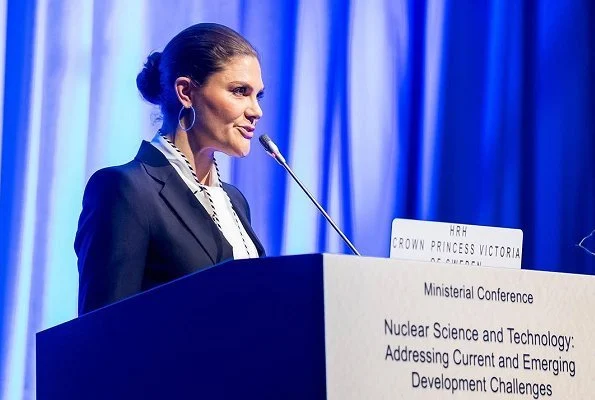 Crown Princess Victoria attended IAEA Ministerial Conference at Vienna International Atomic Energy Agency Centre. wore black blazer