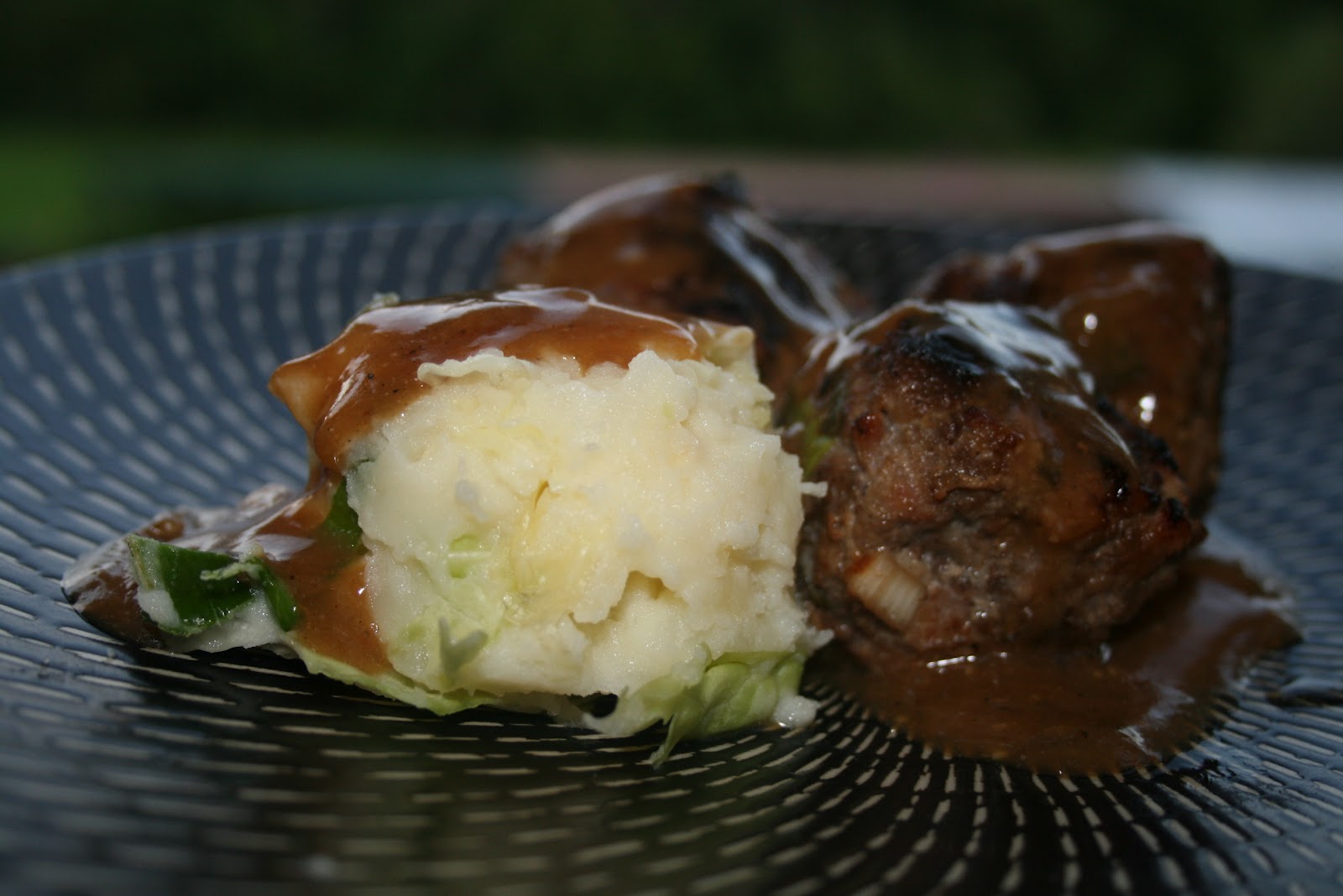 Cooking On A Shoestring BEEF AND BACON RISSOLES WITH GRAVY AND CABBAGE