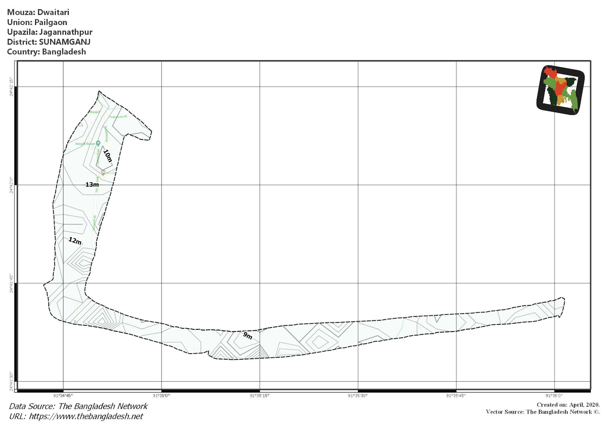 Map of Dwaitari Mouza of Jagannathpur Upazila, SUNAMGANJ, Bangladesh.