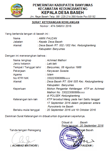 Contoh Surat Keterangan Kehilangan