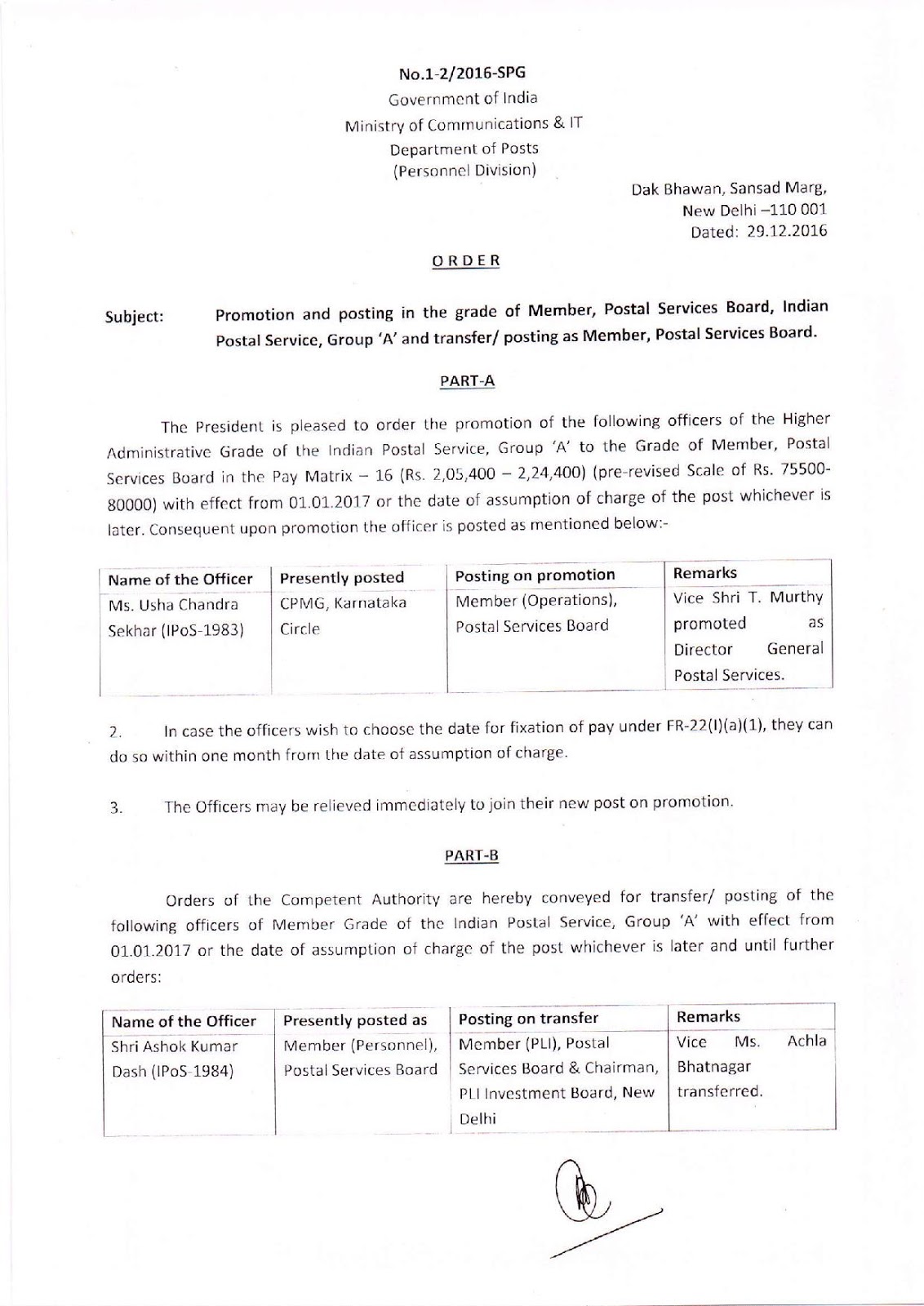 Promotion and posting in the grade of Member, Postal Services Board