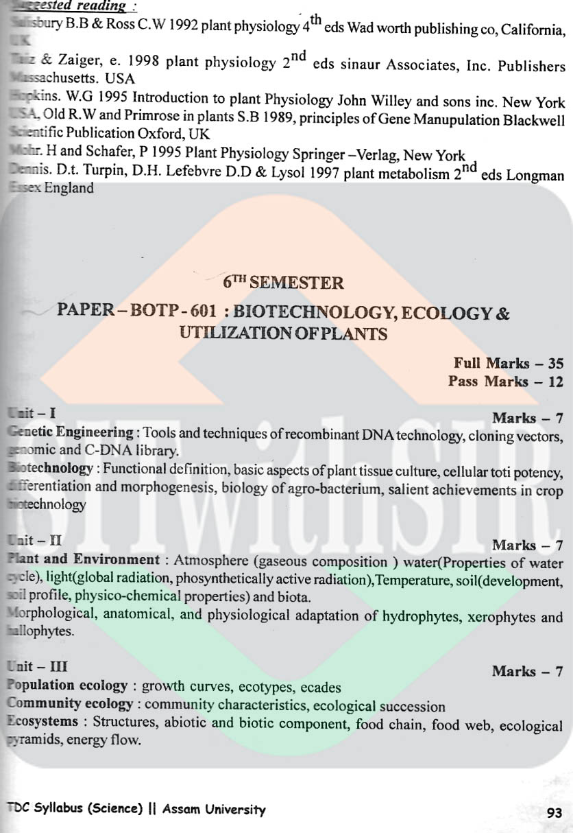 Botany (pass) course syllabus 6th semester of Assam University Silchar