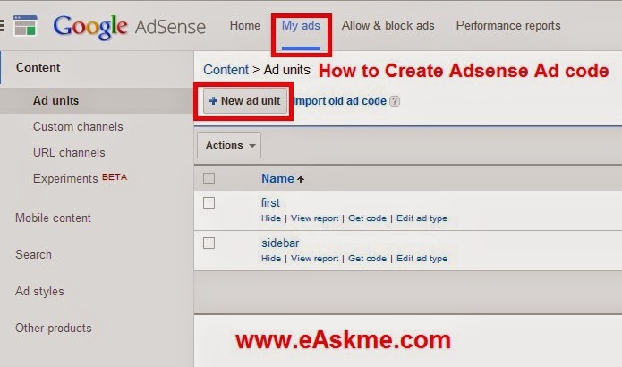 How to Create Adsense Ad code : eAskme