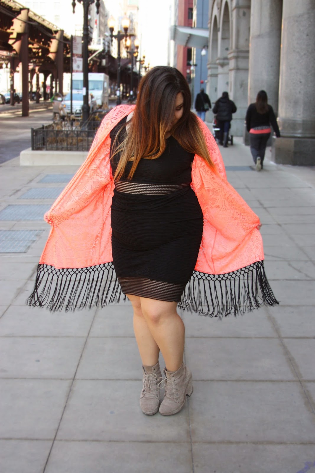 BRIGHT COLORED kimono, Charlotte Russe, Charlotte Russe plus size clothing line, Chicago, LITTLE BLACK DRESS, maxi skirt, Natalie Craig, natalie in the city, plus size, plus size fashion blogger, chicago, kimono, fringe, ankle boots, booties, see-through, fatshion, curvy women, bbw, summer bright color