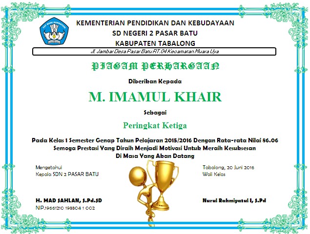 Download Format Piagam Penghargaan Juara Kelas Doc