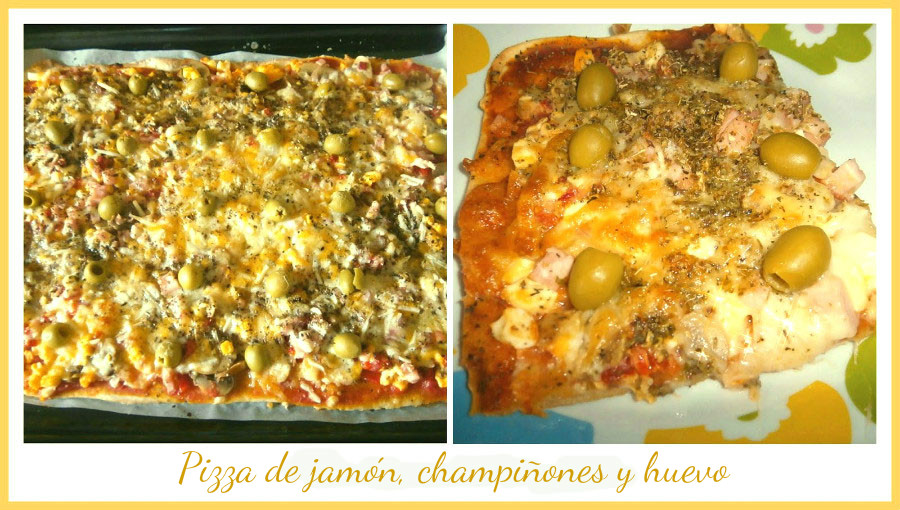 pizza de jamón, champiñones y huevo