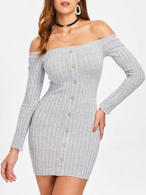 Buttoned Off Shoulder Bodycon Dress