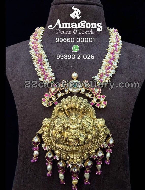 Lord Krishna Pendant with Rice Pearls Chain Jewellery Designs