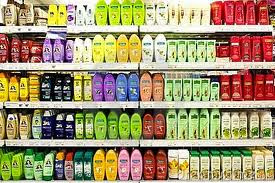 shelves of shampoo bottles