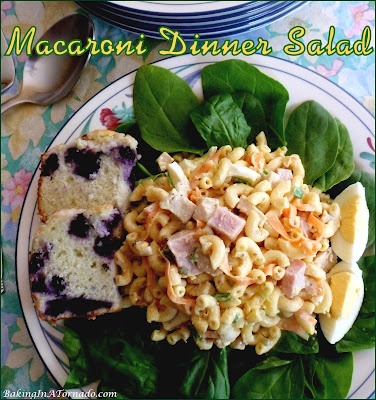 Macaroni Dinner Salad. Macaroni salad? Chicken salad? Ham salad? Egg salad? Marry them all into one main dish for a delicious lunch or dinner. | Recipe developed by www.BakingInATornado.com | #recipe #cook