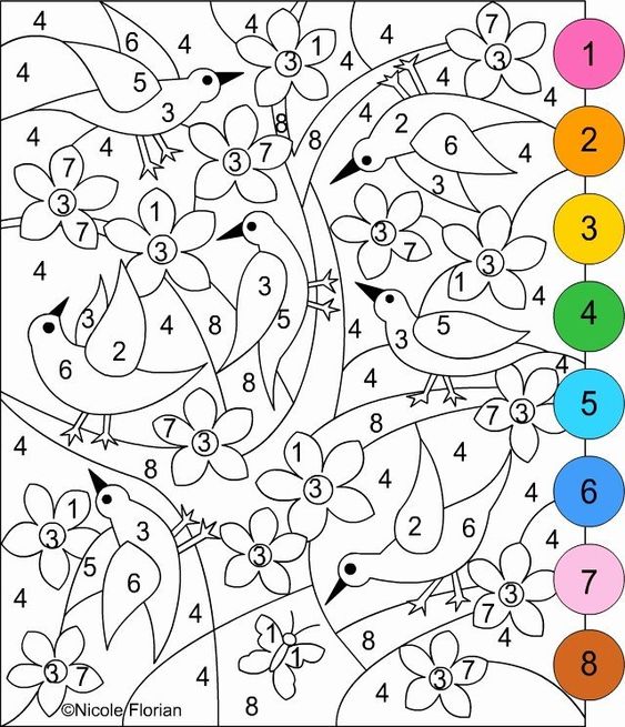 Hình cho bé tô màu theo số chủ đề con chim và hoa