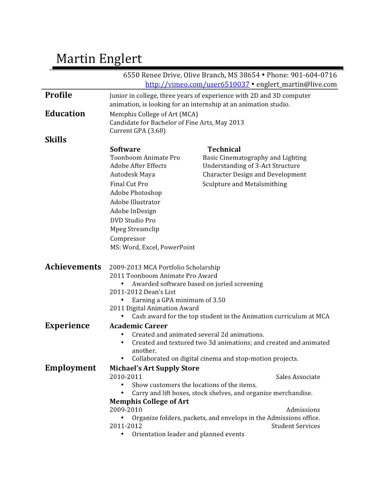 Computer animation resume examples