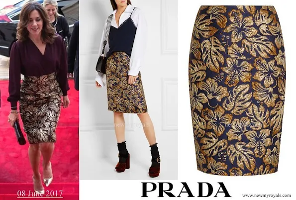 Crown Princess Mary wore Prada Metallic floral jacquard skirt
