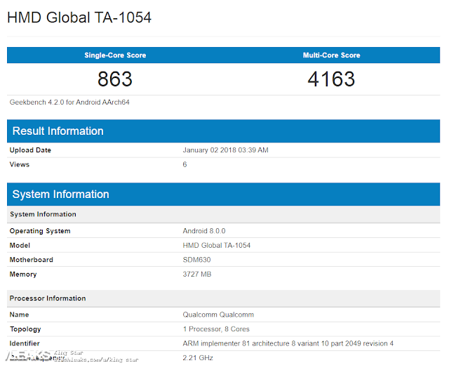 Nokia 6 TA-1054 with Snapdragon 630, Android Oreo 4GB RAM spotted on Geekbench