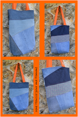 Entièrement en matériau recyclé ces sacs sont faits de morceaux jeans de différentes couleurs assemblés genre patchwork, tissu thème par petite touche, anses en coton, intérieur en lin beige.   Dimension 35x25x4 cm environ. 