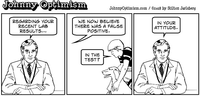 johnny optimism, medical, humor, sick, jokes, boy, wheelchair, doctors, hospital, stilton jarlsberg, positive attitude, false positive, test, lab results