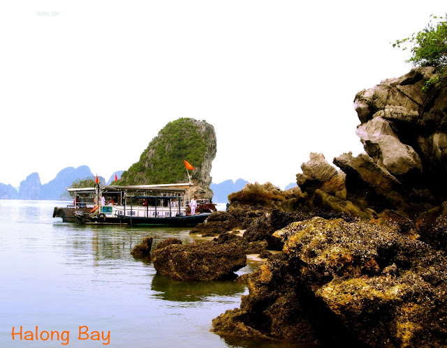 small boat waiting for tourist on Halong Bay