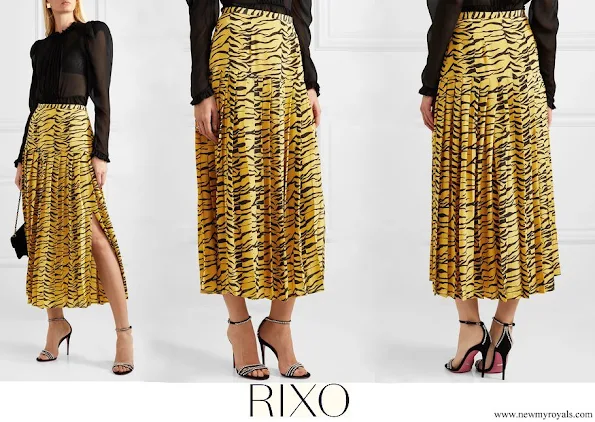 Crown Princess Mette-Marit wore RIXO Tina pleated tiger print silk crepe de chine skirt