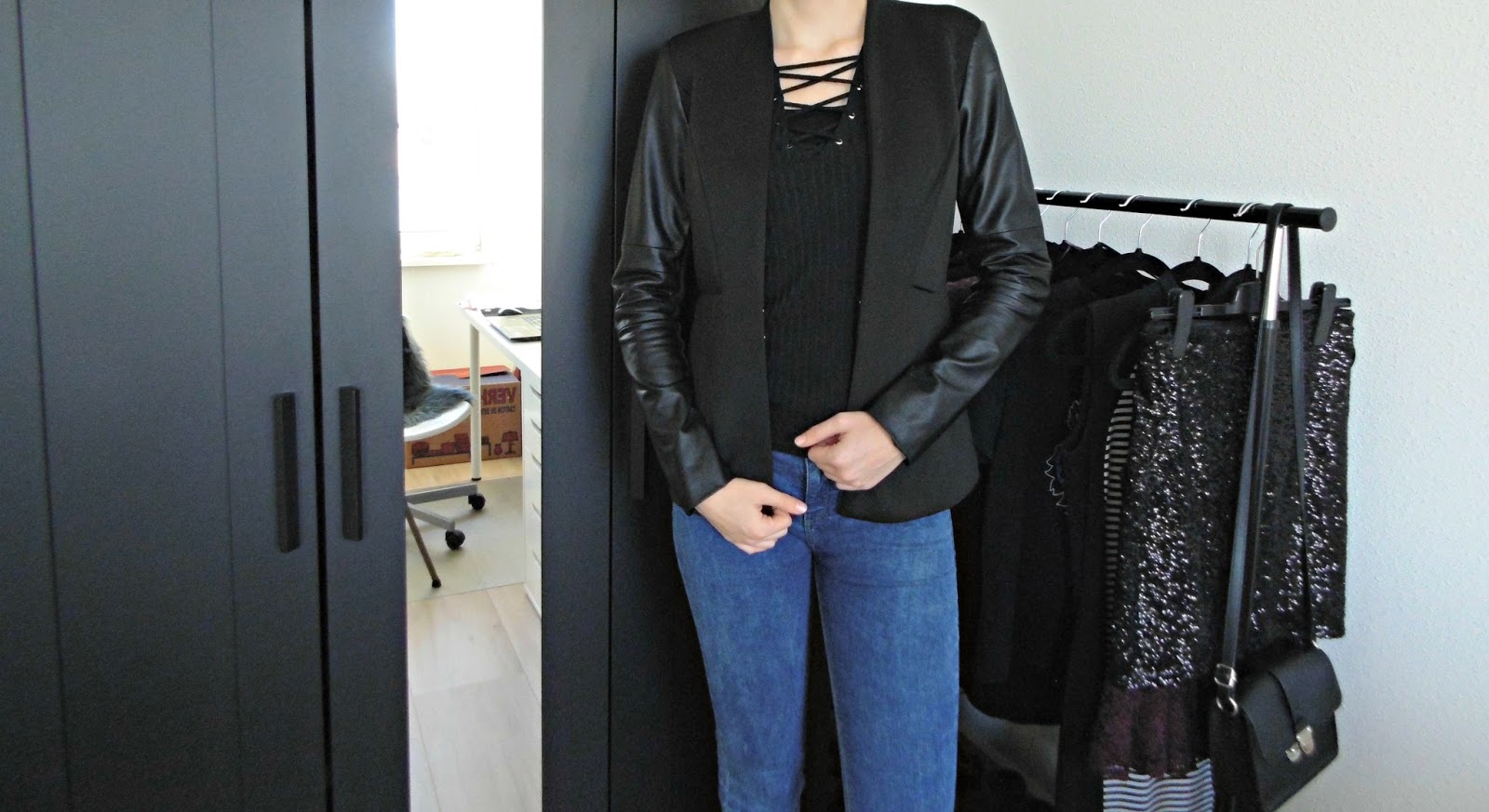 blazer met leren mouwen