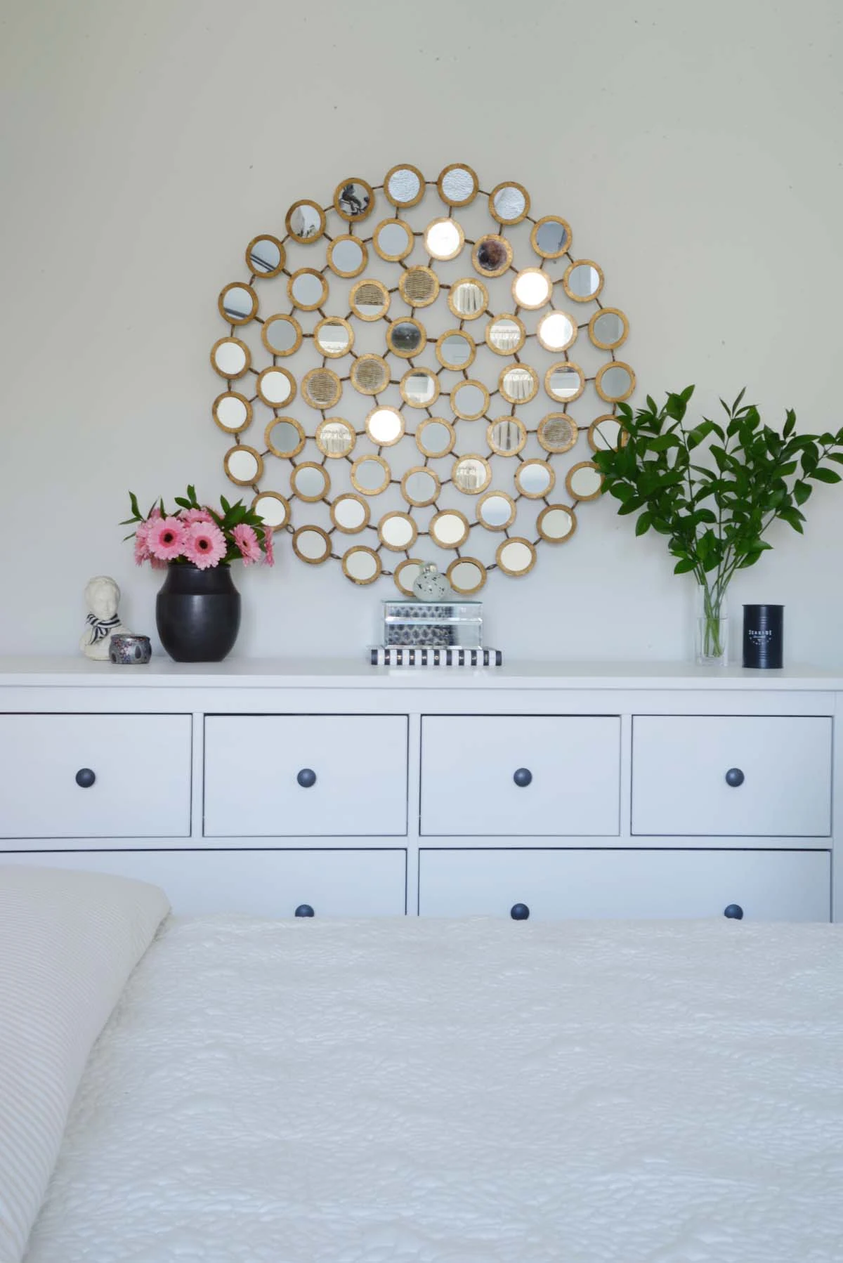 round mirror, guest bedroom dresser, hemnes dresser