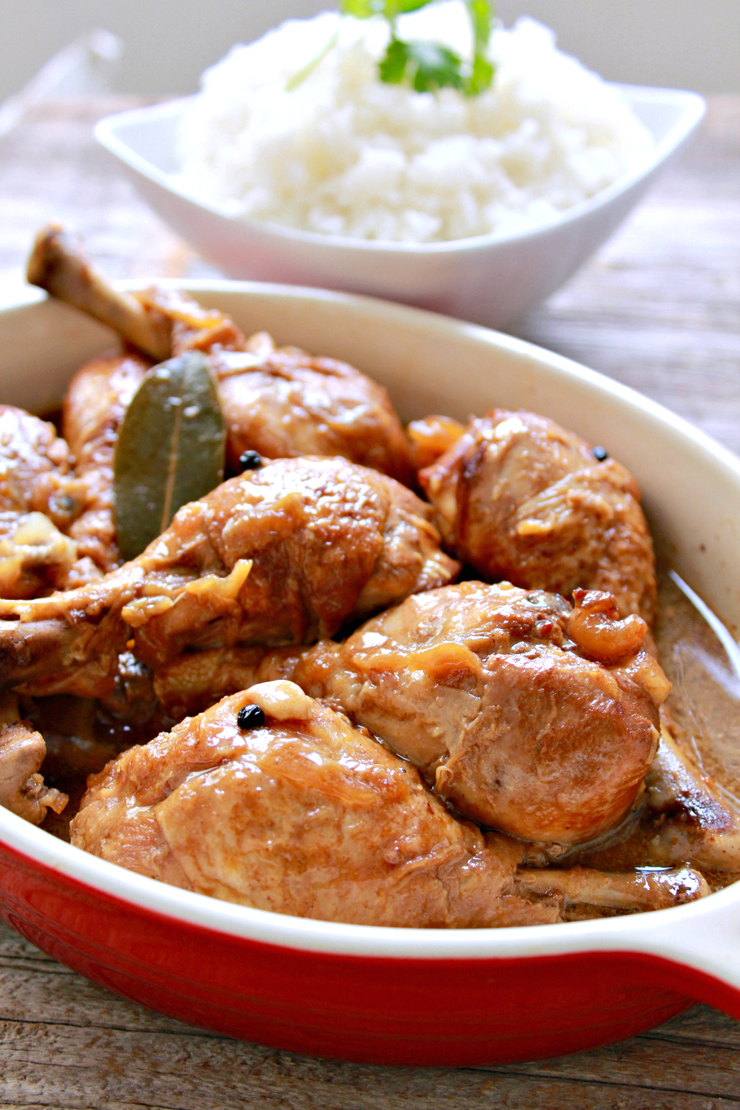 The classic Filipino dish - Chicken Adobo - marinated in vinegar, soy sauce, peppercorns and garlic then cooked in the pressure cooker (instant pot). Easy-peasy deliciousness!