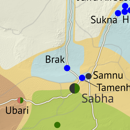 Libya control map: Shows detailed territorial control in Libya's civil war as of June 2017, including all major parties (Government of National Accord (GNA); Tobruk House of Representatives, General Haftar's Libyan National Army (LNA), and allies; Tuareg and Toubou (Tebu) militias in the south; the so-called Islamic State (ISIS/ISIL); and other groups such as the National Salvation Government(NSG) and hardline religious groups). Now includes terrain and major roads. Colorblind accessible.