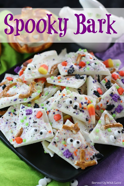 Super easy and festive Spooky Bark recipe from Served Up With Love is the best sweet treat for Halloween for all of your little ghosts and goblins. 