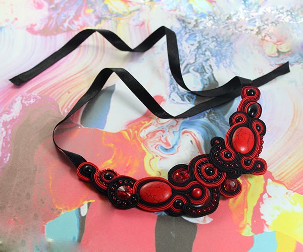 beautiful soutache necklace, claret, red and black colours, jasper, howlit swarovski