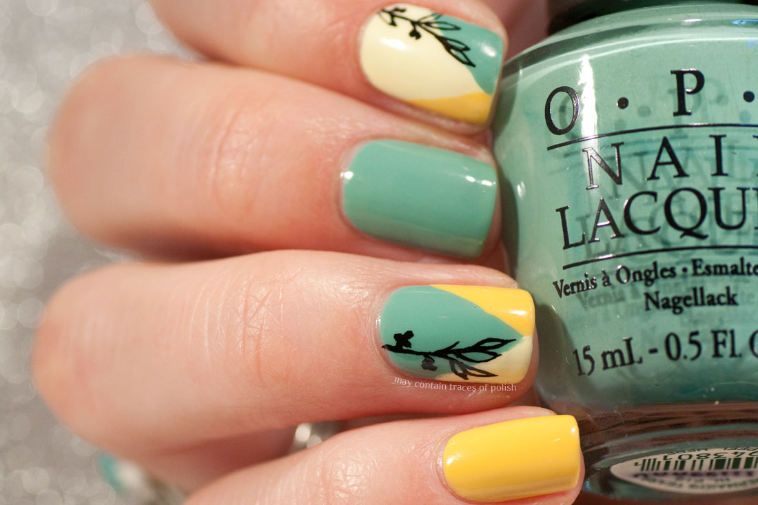 Geometric Color Block Floral Nails in Green and Yellow