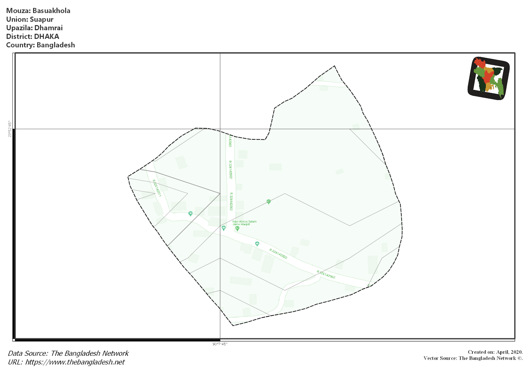 Map of Basuakhola Mouza of Dhamrai Upazila, DHAKA, Bangladesh.