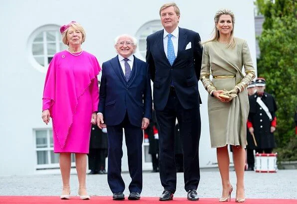 Queen Maxima wore a outfit from Claes Iversen 2019 collection. Michael D Higgins and his wife Sabina Higgins