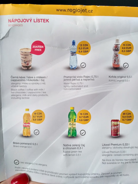 Ціни на напої на борту RegioJet 