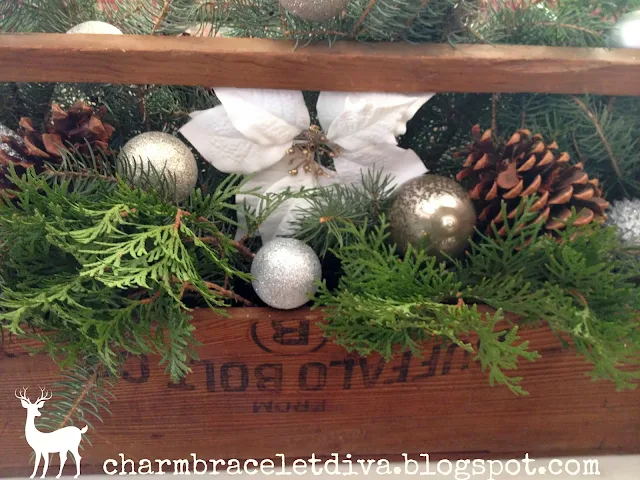 vintage wooden tool box ornaments evergreens Christmas centerpiece