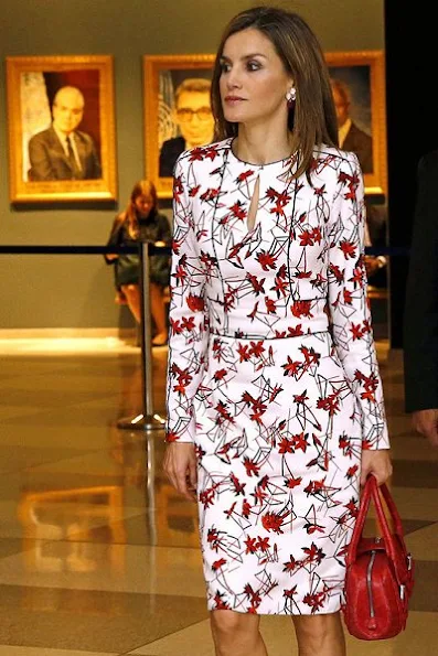 Queen Letizia wears Caroline Herrera Floral Inspired Dress, Lodi red pumps