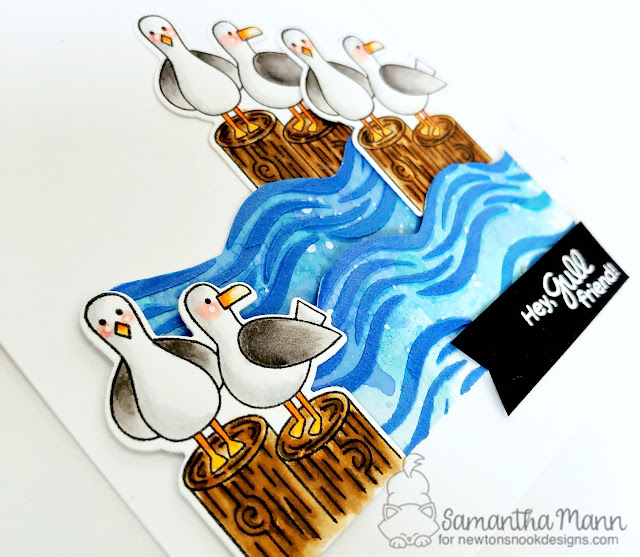 Hey Gull Friends Card by Samantha Mann for Newton's Nook Designs, Beach, sea gulls, handmade cards, Mixed Media, Waves, stencil #disterssinks #newtonsnook #cards