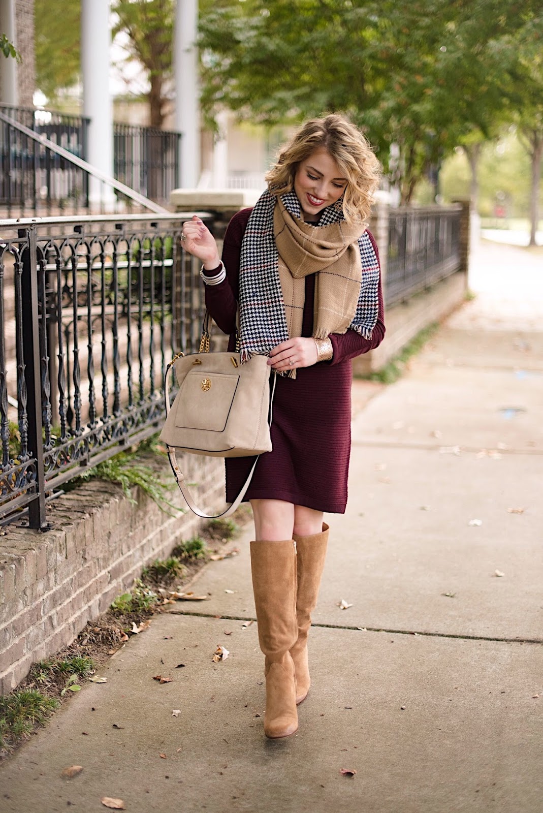 Classic midi sweater dress with knee-high boots in burgundy