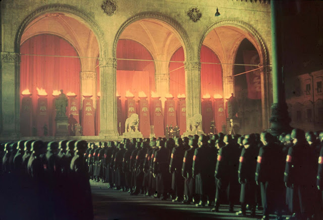 Annual midnight swearing-in of Nazi SS troops, Feldherrnhalle, Munich, 1938.