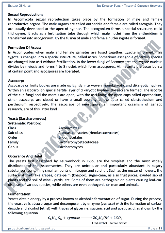 Kingdom Fungi Theory And Questions Answers Biology XI Practical