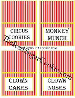 Circus Food Cards-Circus Cookies, Monkey Munch, Clown Cakes, Clown Noses